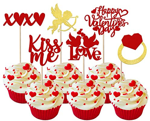 24 Stück Happy Valentine's Day Cupcake Toppers Glitzer Amor Ring Sweet Love Kiss Me Cupcake Picks für Valentinstag Thema Hochzeit Brautdusche Geburtstag Party Kuchen Dekorationen Supplies Rot