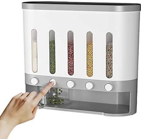 CHAMEEN 5-in-1 Grain Dispenser Wall Mounted Kitchen Cereal Dispenser Travel Dispenser Storage Container Airtight Beans Food Dispenser Grey