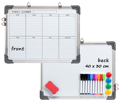 DOEWORKS Weekly Planner Magnetic Whiteboard, 40 x 30cm Whiteboard Wall Mounted, Double Sides A3 Dry Erase Hanging Board for Home School Office
