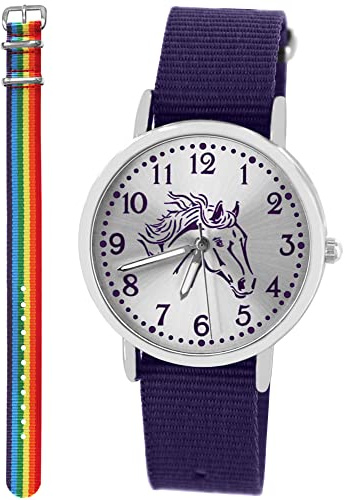 Pacific Time Kinderuhr Mädchen Pferdeuhr Geschenk-Set 2 Armbänder | Geschenk für Mädchen: Pferdeuhr mit violettem Pferdekopf, 2 Armbänder, 5 ATM wasserdicht, günstiger als Einzelkauf