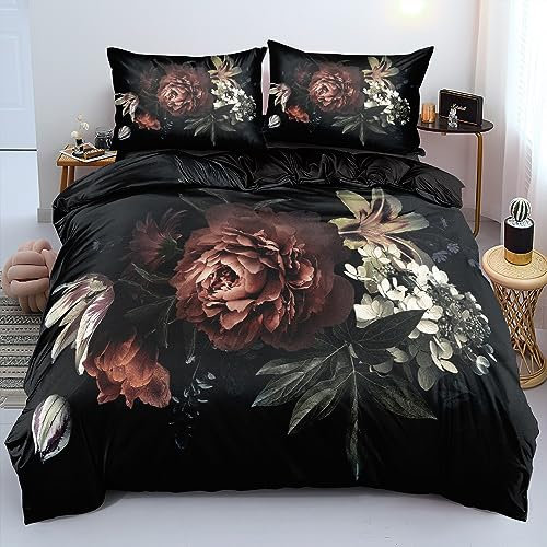 Bettwäsche 135x200 4teilig Blumen Rot Schwarz Blüten Muster 3D Pflanzen Vintage Bettwäsche Set Sommer Geblümt Floral Blumenmuster Microfaser Bettbezüge Paare Einzelbett Set und 2 Kissenbezüge 80x80cm