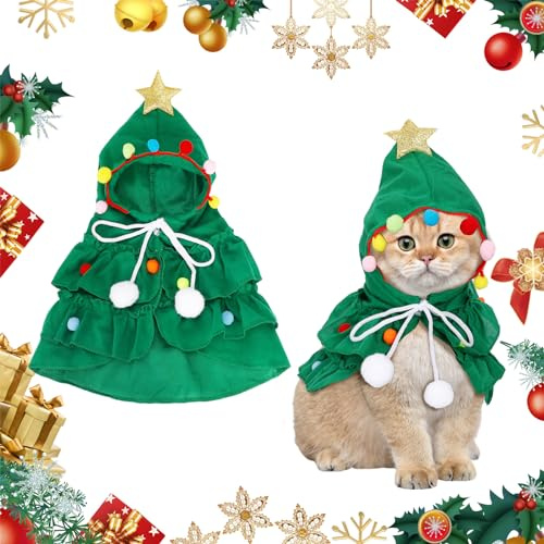 Katze Hund Umhang Weihnachtsbaumform, Hundekostüm Weihnachtsumhang mit Sternenhut, Haustier Weihnachtskostüm für Welpen Kätzchen Katzen kleine Hunde Haustiere, für Weihnachten Cosplay Party, Grün