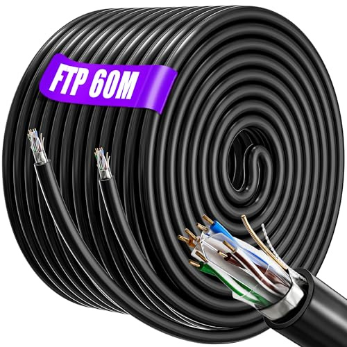 Cable de red de 60 m, cable LAN de 60 metros, cable Ethernet para exteriores, blindaje de alta velocidad, cable de instalación, cable de datos para exteriores e interiores, resistente a la intemperie