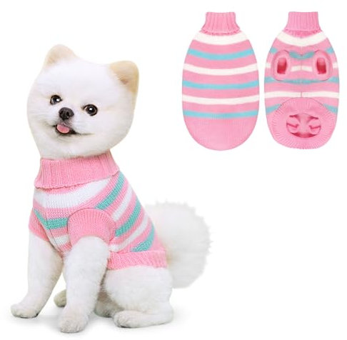 Lyneun Hundepullover, Gestrickt Hunde Pullover Kleine Hund, Warm Pullover für Hunde, Gestreifter hundepulli, Bequem und Weich Winter Welpenpullover für Kleine Hunde und Katzen (Rosa, L)