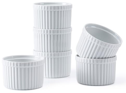 Amrules Ramekins 8 oz, Ramekin Set of 6 for Creme Brulee, White Ceramic Ramekins Bowls with Embossed Strips, Fluted Small bowl Cups Oven Safe for Baking Custard, Pudding, Muffins Cake
