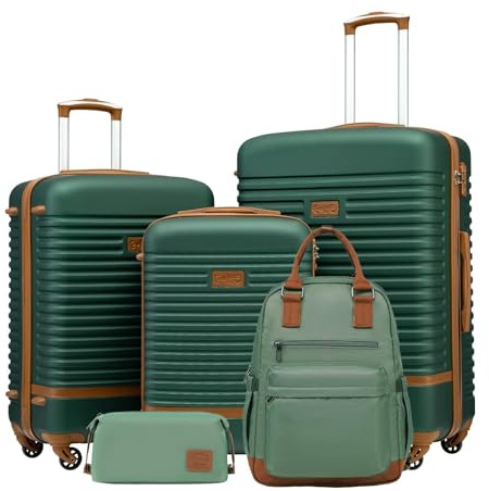 COOLIFE Koffer Trolley Koffer Reisekoffer von ABS Hartschalen Trolley 4 Rollen TSA-Schloss Der Koffer Enthält 1 Reiserucksack und 1 Kulturbeutel (Dunkelgrün/Braun, Koffer-Set 5tlg)