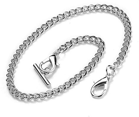 BOSHIYA Silver Pocket Watch Chain 14 Inch Albert T Bar Chain with Lobster Clasps Watch Chain Link Vest for Your Pocket Watch