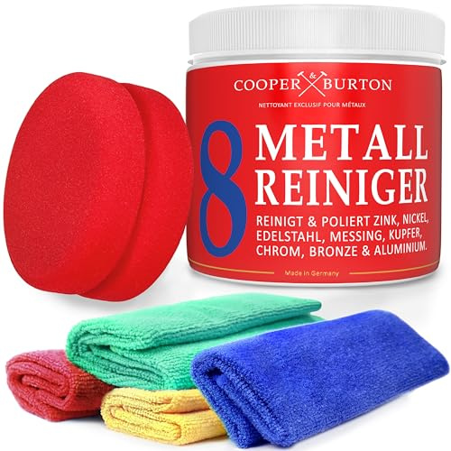COOPER & BURTON metallkraftrengörare 4 x mikrofiberduk + svamp | Koncentrat rent, polerat och förseglat rostfritt stål, aluminium, krom, koppar, mässing, nickel och zink