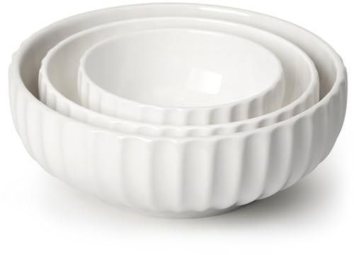 NUTRIUPS Cuencos de Cerámica para Servir, 2.5 + 1.5 + 0.7 L Juego de 3 Ensaladeras, 25 + 20 + 15 cm Bol Apilables para Pasta Frutas