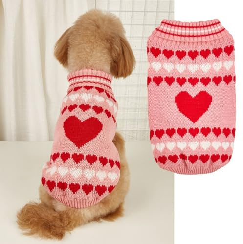 AENZA Maglione per animali domestici a maglia con motivo a cuore, abbigliamento per cani, per San Valentino, maglione jacquard, maglione per cani con collo alto, maglione per cani