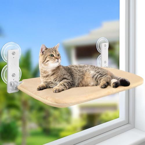 GUUSII HOME Cat Window Hammock Perch Foldable Windowsill Bed Seat for Large Indoor Cats Cordless Kitten Shelf Kitty Lounger with Strong Suction Cups Washable Cover Easy Set-up 58.5 * 30cm(L, Beige)