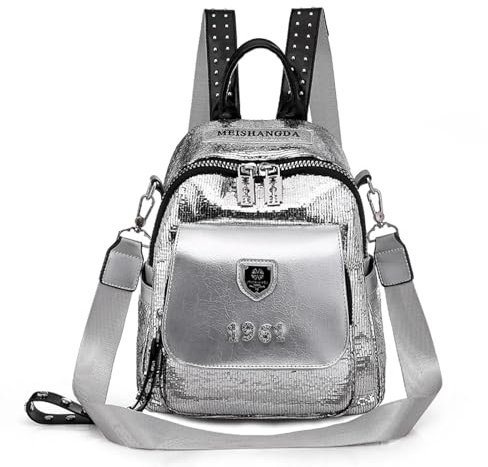 FULUJIDI Sacs À Dos Loisir PU en Cuir Femmes Sacs À Dos Casual École Sac À Dos pour Les Adolescents Filles Grande Capacité Dames Voyage Argent