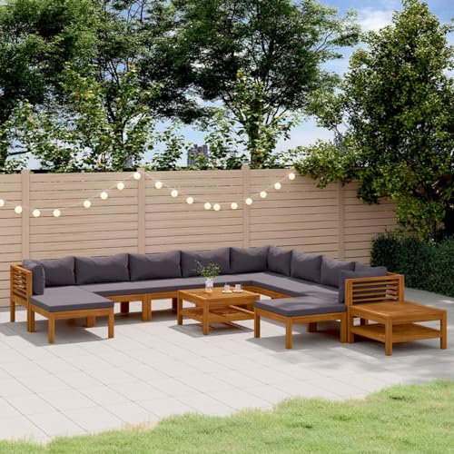 Rantry Gartenmöbel-Set aus Rattan, modulares DIY-Sofa-Modul, Gartenmöbel, 12-teilig, Kissen aus massivem Akazienholz, 3 x Ecke + 5 x Mitte + 2 x Fußstützen + 2 x Tisch