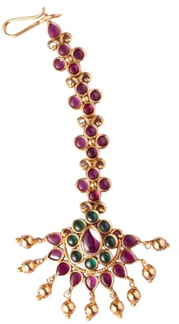 TARINIKA Antique Gold Maang Tikka Indian Headpiece Jewelry for Wedding & Festive Occasions | CZ Stone & Brass Alloy | Traditional Hair Accessories for Women (Floral Bloom Antique(Red Green))