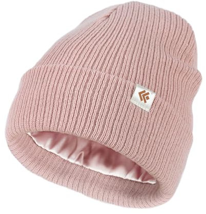 Creekstone Satin Gefütterte Wintermütze Unisex Slouchy Beanie für Haar, Warme Wollmütze Satin Lined Beanie Mütze für Damen Herren (DE/NL/SE/PL, Alphanumerisch, Einheitsgröße, Rosa)