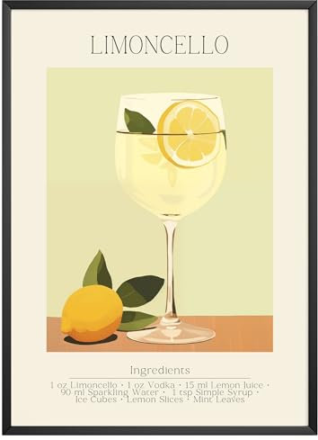 MJ-GRAPHICS® Limoncello Küche Poster A4 Bilder für Wohnzimmer - Retro Wanddeko mit Zitrone-Cocktail-Design