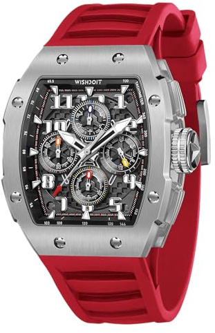 WISHDOIT GT Chronograph-Uhr für Herren, luxuriös, Tonneau-Uhr, Kalender, Datum, leuchtend, wasserdicht, Replik-Uhr für Herren, FKM Gummiband, Sportkleid, legere Armbanduhr