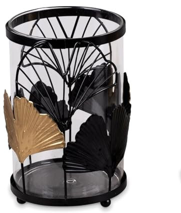 formano Windlicht Gingko Schwarz-Gold 19cm - Metall Kerzenhalter mit Glaseinsatz - Elegante Tischdeko - Wohnzimmer Beleuchtung - Geschenkidee