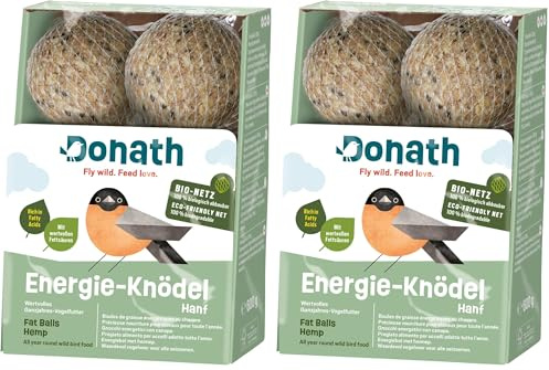 Donath Energie-Knödel Hanf im Bio-Netz - Meisenknödel im Bio-Netz - 100g je Knödel - Extraportion Hanfsamen - wertvolles Ganzjahres Wildvogelfutter - unsere Manufaktur in Süddeutschland - 6er Karton