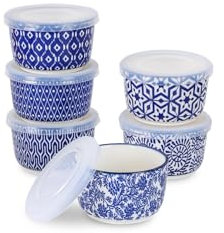Selamica 6 oz Ramekins with Lids Oven Safe, Creme Brulee Ramekins Souffle Dishes with Covers, Pudding Custard Cups Stackable Ceramic Mini Ramekin Bowls Set for Baking, Dipping, Set of 6, Vintage Blue