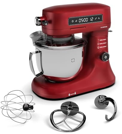 Klarstein Chiara Robot de Cocina 1600W – Bol 5L Acero Inoxidable, 12 Velocidades, Pantalla Táctil LCD, Silencioso ≤72dB, Accesorios Apto Lavavajillas, Carcasa de Aluminio Fundido, Rojo