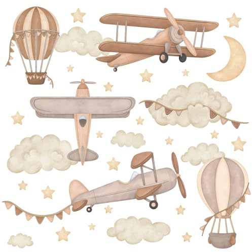 Wally Fox - Wandtattoo Kinderzimmer - Kinderzimmer Deko - Wandtattoo Kinderzimmer Jungen, Mädchen - Flugzeuge, Luftballons, Sterne, Wolken, Braun Beige, Boho - XL - 34stk