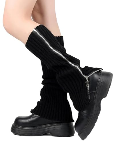 JK Home Zip Leg Warmers for Women Gothic Boot Cuffs with Side Zip Removable, Winter Knit Crochet Women's Leg Warmer Knitted Knee Long Leg Cover Leggings Boot Socks Cover for Ladies Y2K Black