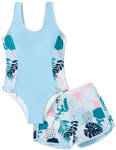 Xumplo Girls Swimming Costume Tween Girl One Piece Swimsuit with Shorts Young Girls Floral Swimwear Crew Neck Bathing Suit Blue 10-12 Years