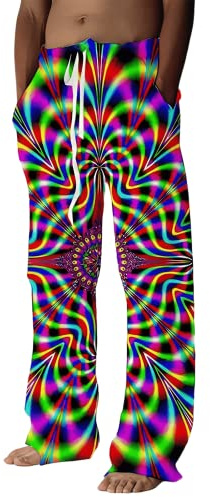 Bastwahl Hippie Hose Herren 70Er Streifen Bunte Gummizug - Trainingshose Aus Baumwolle Mit 3D-Druck Elastische Taille Hippie-Bloomers Loungehose Joggen Fasching Kostüm