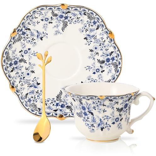 Harahiko Country Roses Porcelain Tea Cup and Saucer Set with Gold Trim, Vintage Style, For Women and Tea Parties (1, Cyan)