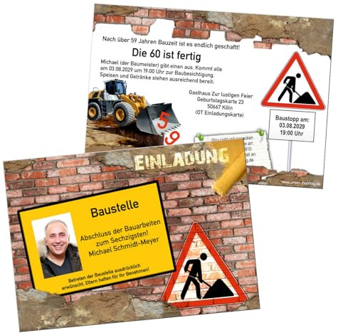 Einladungskarten zum 50 Geburtstag, lustig, jedes andere Alter möglich | Wunschtext anpassbar Baustelle mit Foto, Handwerker (30 Karten)