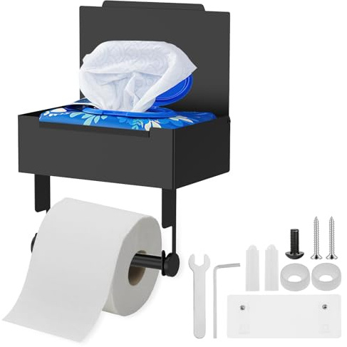 Toilettenpapierhalter Ohne Bohren Klopapierhalter mit Feuchttücherbox 2 Montagemethoden Schwarz Matt 3 IN 1 Multifunktion Edelstahl Klorollenhalter Selbstklebend für Taschentücher Badezimmer (Schwarz)