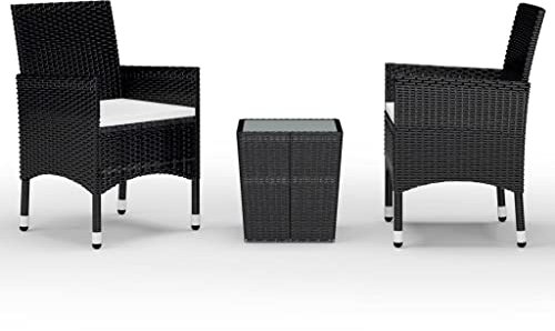 Eleganz 3-TLG. Bistro-Set aus Poly Rattan & Hartglas - Modernes Gartenset für Balkon & Terrasse - Schwarz, wetterfest & pflegeleicht