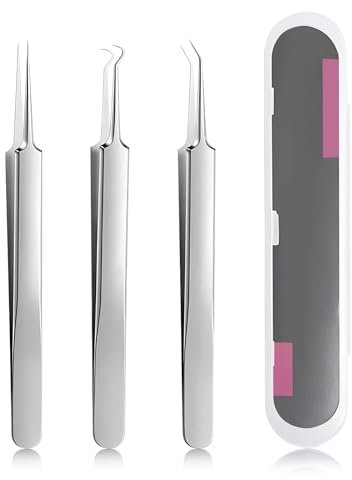 Blackhead Remover Tweezers Pointed Pimple Expressing Tool – 3 Pieces Pimple Remover Tweezers Set with Safety Cap, Comedone Squeezer, Blackhead Milia Remover, Stainless Steel with Storage Box