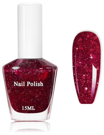 15ML Glitzer Nagellack Rot, Glossy Schnell trocknend & Langanhaltend ungiftiger Nagellack, Shimmer Schnelltrocknender Roter Nail Polish, Ohne UV Lampe für Nail Art Maniküre(Glitzer Rot)