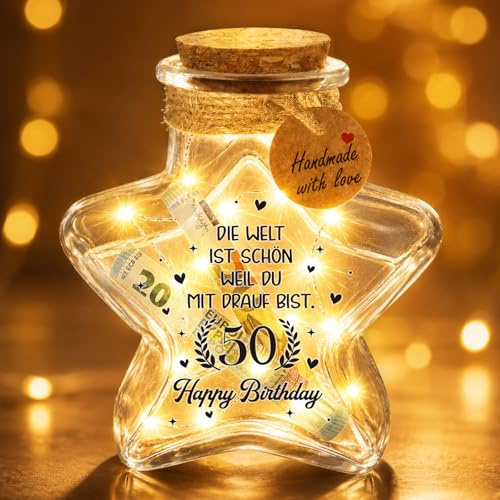 Giftota 50 Geburtstag Frauen Männer, LED Flaschenlicht Sternform mit Korken, Geldgeschenke Geburtstag 50, Coole Geburtstag Tischdeko, Geschenkideen Geburtstagsgeschenk für Familie, Freunde, Geliebte