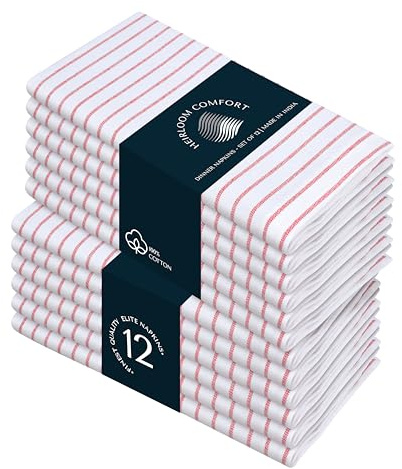HEIRLOOM COMFORT Red Stripe Dinner Napkins (Set of 6), Large 18 x 18 Inches, 100% Cotton, Soft, Absorbent, Durable Classic Striped Cloth Napkin for Everyday Use, Parties, Wedding Receptions, Lunch