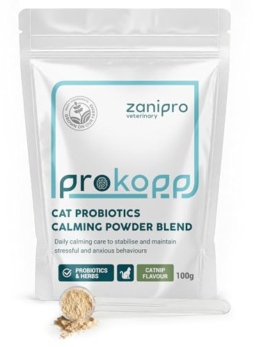 Zanipro Lugnande kattpulver – anti-stress och avslappningskräplex för katter | Med L-tryptophan för lugn vid stress och fyrverkerier, probiotika för tarm- och hjärna-tarmaxel | 100 g (kattmynta)