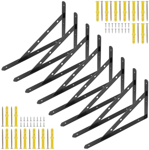 ZEONHEI Équerre Étagère Murale - Lot de 8 Supports d'Étagère en Métal Noir - 400 x 250 mm - Pour Charges Lourdes 120 kg - Équerre à 90° avec Vis et Cheville - Montage Mural Garage Cuisine Atelier