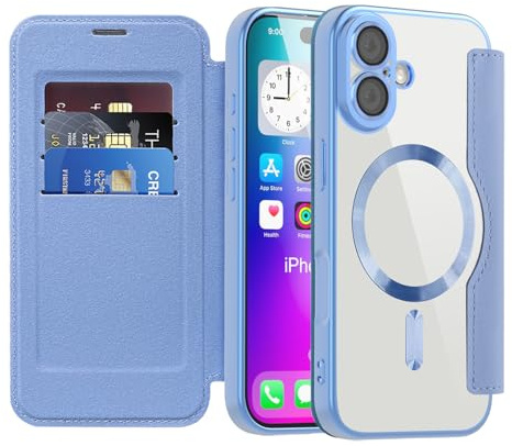 IMIRST Custodia magnetica per iPhone 17, [compatibile con MagSafe] Custodia a portafoglio in pelle di alta qualità con blocco RFID, trasparente antiurto per Apple iPhone 17. WD Azzurro