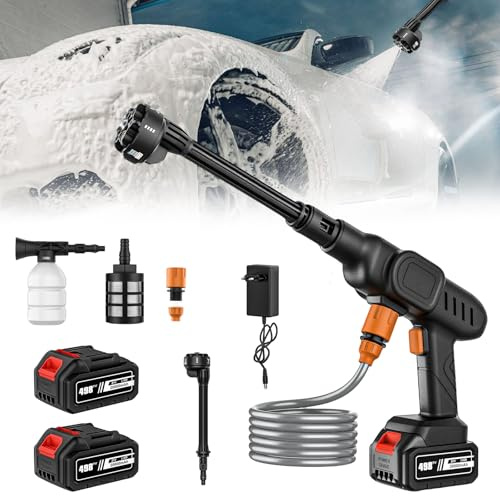 Nettoyeur Haute Pression sans Fil, Nettoyeur Haute Pression sur Batterie 40Bar, Pistolet Haute Pression avec Buse Réglable 6 en 1, Tuyau de 5M, 2 x 2000mah Batteries, pour Le Nettoyage Arrosage (B)