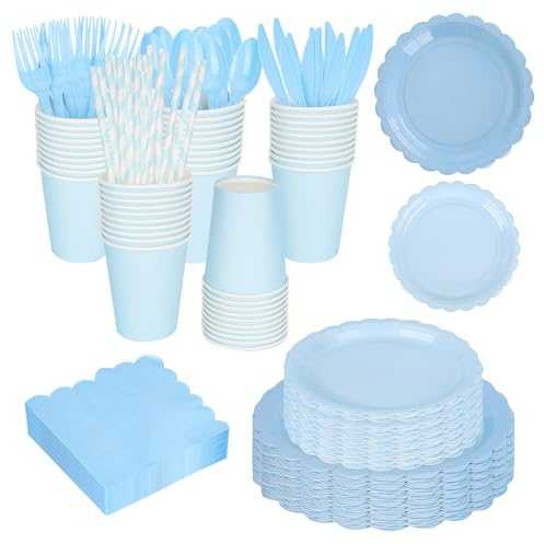 WENLISELL 240 PCS Blue Party Tableware Set 30 Guests | Include Paper Plates and Napkins, Cups, Straws, Spoons, Knives, Tablespoons, Forks for Party, Birthday, Wedding