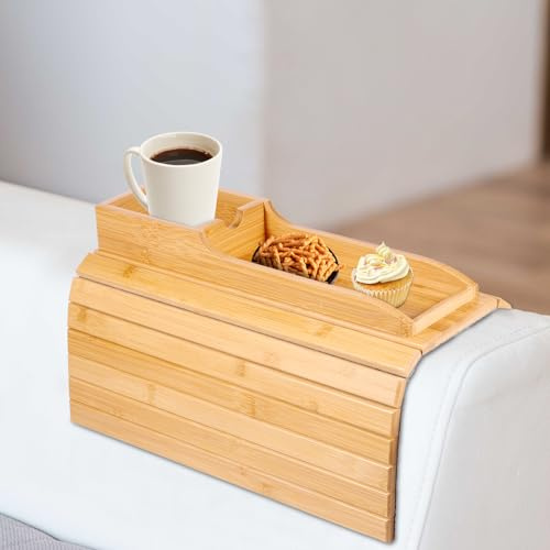 YUNYOUC Couch Arm Tray, Bamboo Sofa Table for Couch, Foldable Sofa Arm Tray with Cup Holder, Non-Slip Armrest Organizer for Drink, Cup, Snack, Control