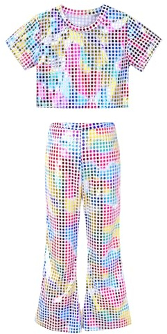 2 Piece Outfit Boys Girls Sequins Flared Pants with Top, Sparkly Jazz Dance Blouse Shiny Disco Party Trousers for Jazz Dancewear Hip Hop Performance Costume