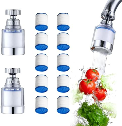 2 Pcs Faucet Water Filters+10 Filter Cartridges, Stainless Steel 360 Degree Splashproof Tap Water Filter Nozzle to Improve Hard Water, Fit for Home Kitchen Bathroom Shower
