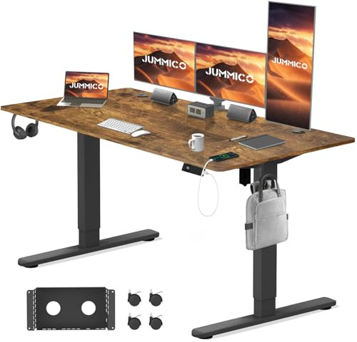 JUMMICO Elektrisch Höhenverstellbarer Schreibtisch 160x80 cm mit Ladestation, Höhenverstellbarer Computertisch mit Kabelmanagement, Ergonomischer Sitz-Steh-Schreibtisch Höhenverstellbarer Tisch, Braun