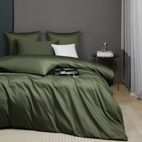 Luofanfei Kühlend Mako Satin Bettwäsche 135x200 Baumwolle Olivgrün Grün | Glatt Luxus Muster Atmungsaktiv Sommer Bettwäscheset Weich und Bügelfrei Uni Bettbezug Einzelbett und Kissenbezug 80x80 cm