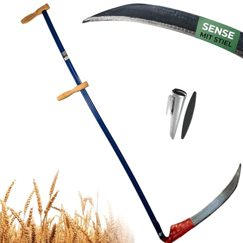 STREND PRO Sense 60 cm mit Metall Sensenstiel + WETZSTEIN & Wetzsteinbehälter | Robuste Handsense für Gras, Getreide & Wiesen | Scharfes Sensenblatt | Profi-Sense für Landwirtschaft & Gartenarbeit