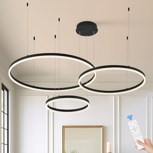 CATINER Moderner 3-Ring LED Hängeleuchte Schwarz Dimmbare Runde Pendelleuchten für Esstisch mit Fernbedienung LED Kronleuchter für Esszimmer Küche hohe Decken 3000K-6500K