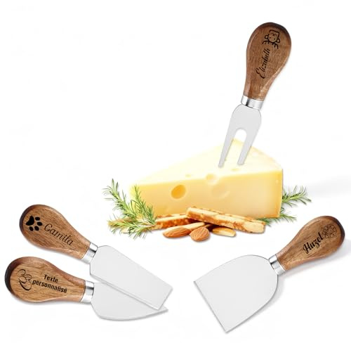Set de 4/6 Couteaux à Fromage & Charcuterie Personnalisés, Gravés sur Mesure Nom/Date/Logo, Manche en Bois d'Acacia, Idéal pour Plateau de Fromage & Cadeaux Uniques (Couteau À Fromage - 4)